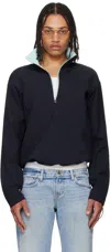 Raimundo Langlois Navy Padded Shoulder Quarter Zip Sweatshirt In Deep Navy/aqua