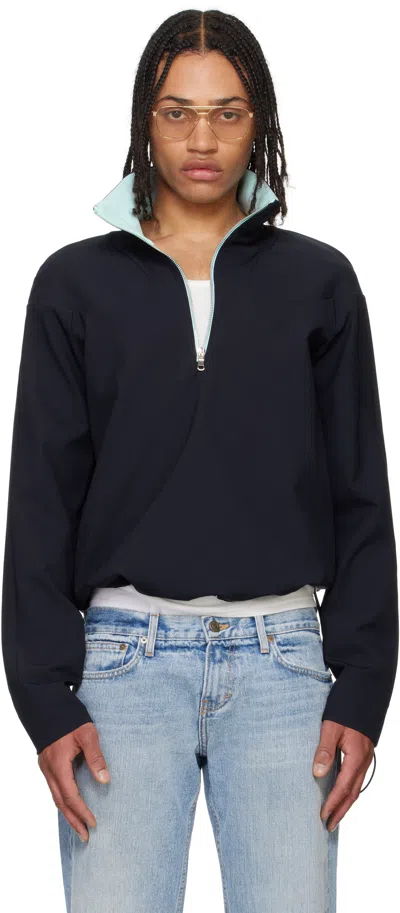 Raimundo Langlois Navy Padded Shoulder Quarter Zip Sweatshirt In Deep Navy/aqua