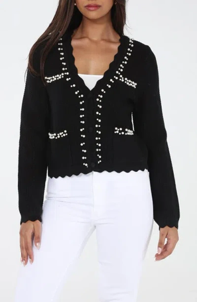 Rain And Rose Beaded Scallop Trim Cardigan In Black