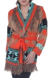 Rain And Rose Belted Western Fringe Cardigan In Brown