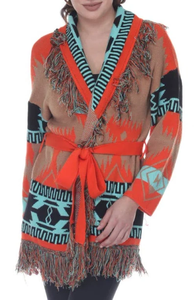 Rain And Rose Belted Western Fringe Cardigan In Brown