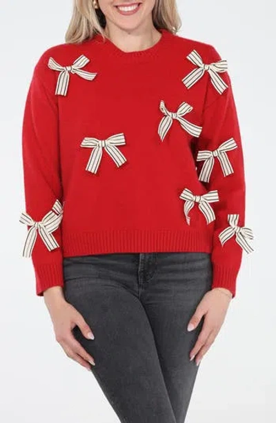 Rain And Rose Bow Crewneck Sweater In Red