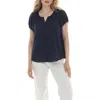 Rain And Rose Button Front Short Sleeve Top In Blue