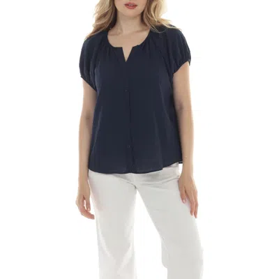 Rain And Rose Button Front Short Sleeve Top In Blue