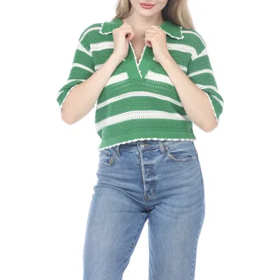 Rain And Rose Cotton Stripe Polo Sweater In Green
