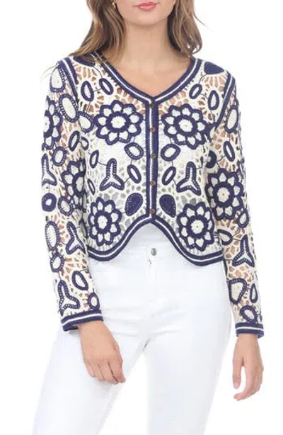 Rain And Rose Crochet Floral Cardigan In Blue