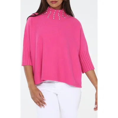 Rain And Rose Crystal Embellished Turtleneck Sweater In Pink