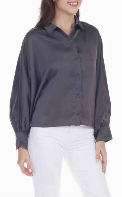 Rain And Rose Dolman Balloon Sleeve Satin Button-up Blouse In Gray