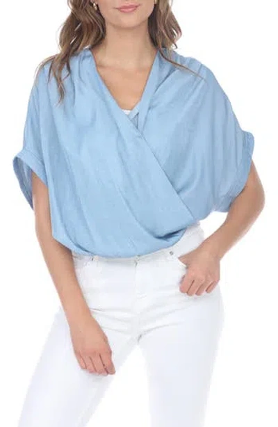 Rain And Rose Draped Faux Wrap Top In Blue