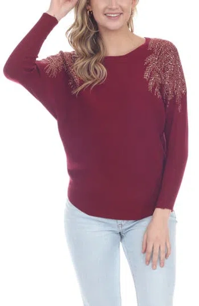 Rain And Rose Embellished Raglan Sleeve Knit T-shirt In Burgundy