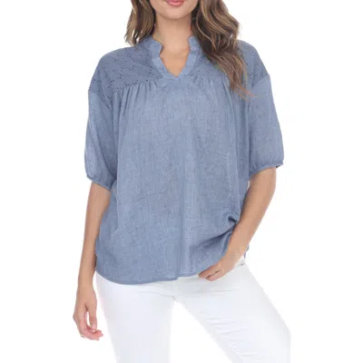 Rain And Rose Embroidered Cotton Top In Blue Shadow