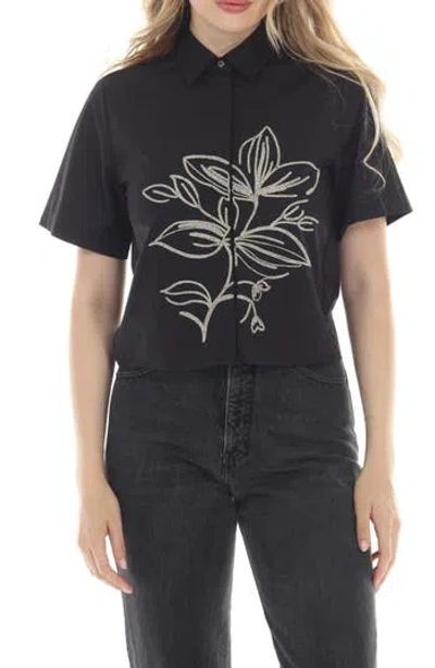 Rain And Rose Embroidered Floral Button-up Shirt In Black