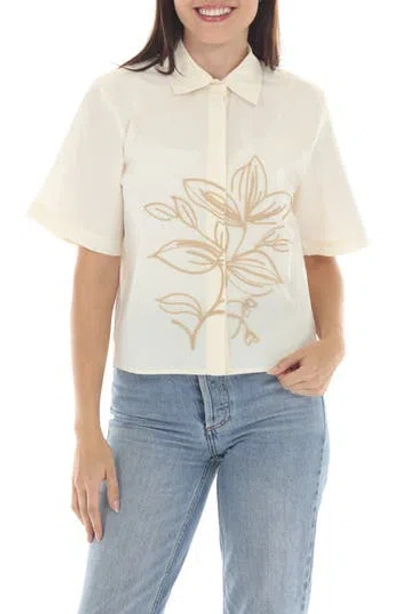 Rain And Rose Embroidered Floral Button-up Shirt In Neutral