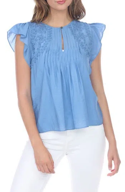 Rain And Rose Embroidered Flutter Sleeve Top In Blue