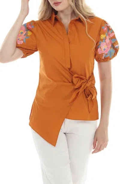 Rain And Rose Embroidered Puff Sleeve Tie Waist Top In Orange