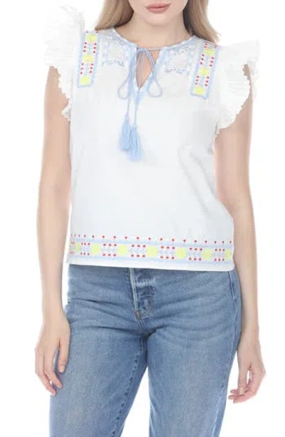 Rain And Rose Embroidered Ruffle Sleeve Top In White