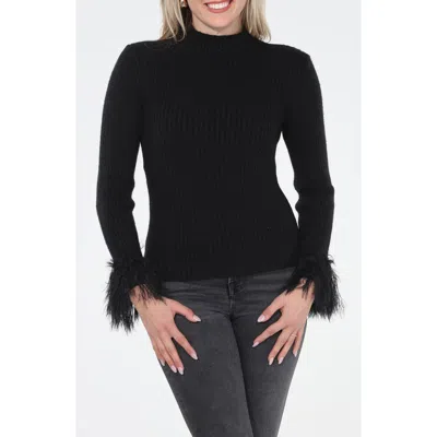 Rain And Rose Faux Feather Cuff Ribbed Sweater In Black