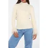 Rain And Rose Faux Feather Cuff Ribbed Sweater In White