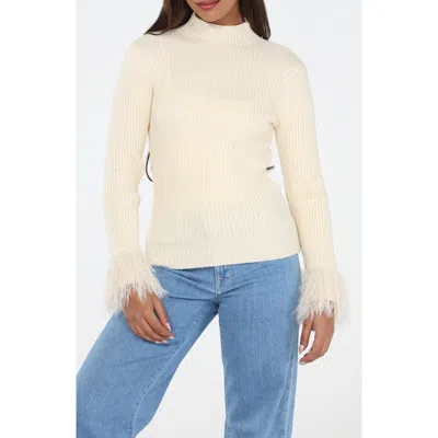 Rain And Rose Faux Feather Cuff Ribbed Sweater In White