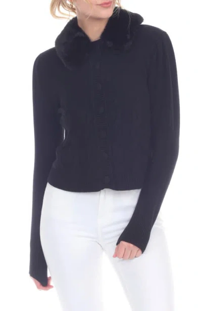 Rain And Rose Faux Fur Collar Cable Stitch Cardigan In Black