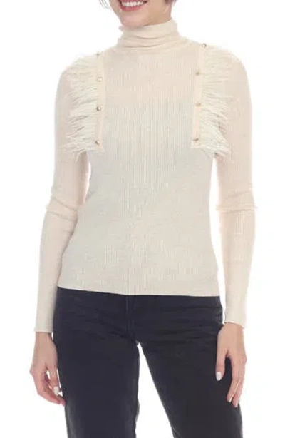 Rain And Rose Feather Trim Rib Turtleneck Top In Ivory