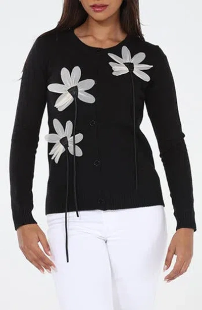 Rain And Rose Floral Appliqué Cardigan In Black