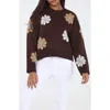 Rain And Rose Floral Appliqué Sweater In Brown