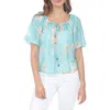 Rain And Rose Floral Puff Sleeve Top In Aqua