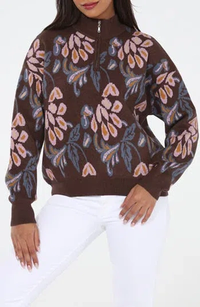 Rain And Rose Floral Quarter Zip Sweater In Brown