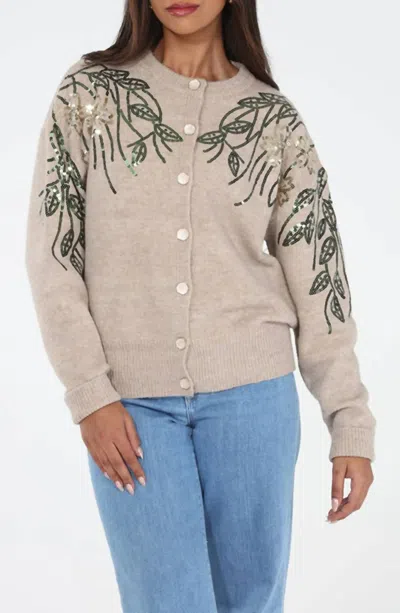 Rain And Rose Floral Sequin Cardigan In Tan In Gray