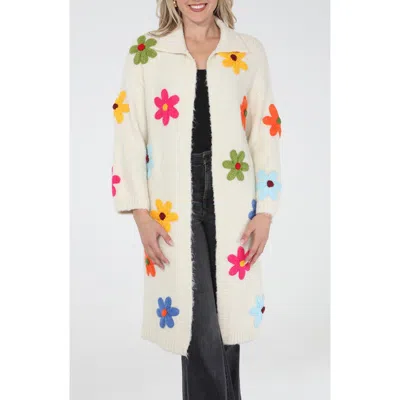 Rain And Rose Flower Pop Longline Coatigan In Ivory