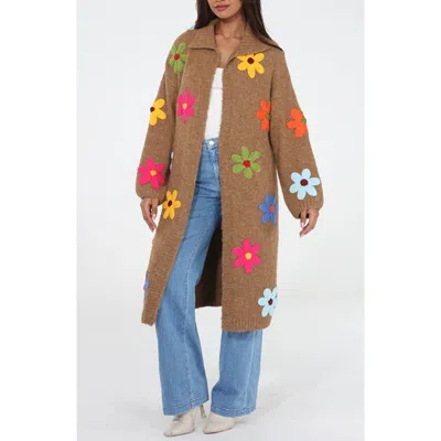 Rain And Rose Flower Pop Longline Coatigan In Mocha