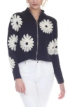 Rain And Rose Flower Pop Zip Cardigan In Black