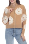 Rain And Rose Flower Pop Zip Cardigan In Camel