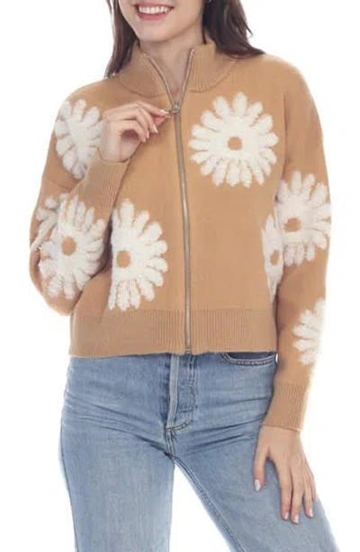 Rain And Rose Flower Pop Zip Cardigan In Camel
