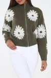 Rain And Rose Flower Pop Zip Cardigan In Gray