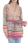 Rain And Rose Fringe Tie Belt Wrap Cardigan In Crayola