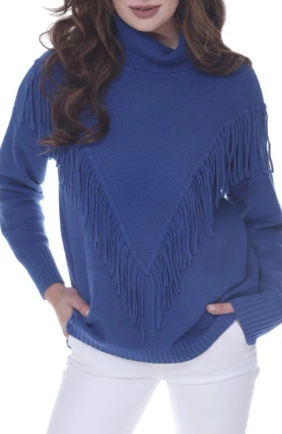 Rain And Rose Fringe Trim Sweater In Blue