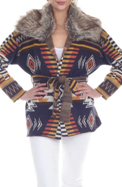 Rain And Rose Geometric Faux Fur Trim Cardigan In Animal Print