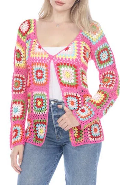 Rain And Rose Granny Square Crochet Cardigan In Pink