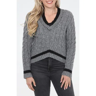 Rain And Rose Jewel Embellished Cable V-neck Sweater In Grey