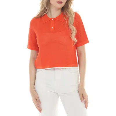 Rain And Rose Mesh Knit Polo In Orange
