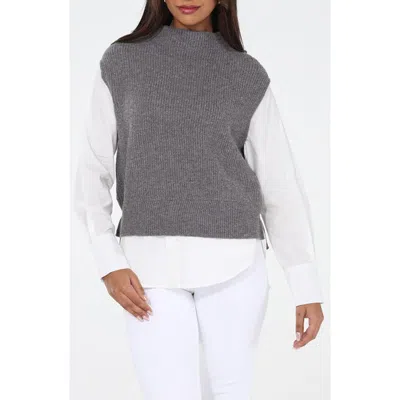 Rain And Rose Mixed Media Layered Look Funnel Neck Sweater Vest In Grey