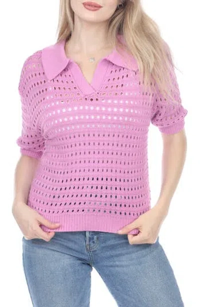 Rain And Rose Open Stitch Sweater Polo In Pink