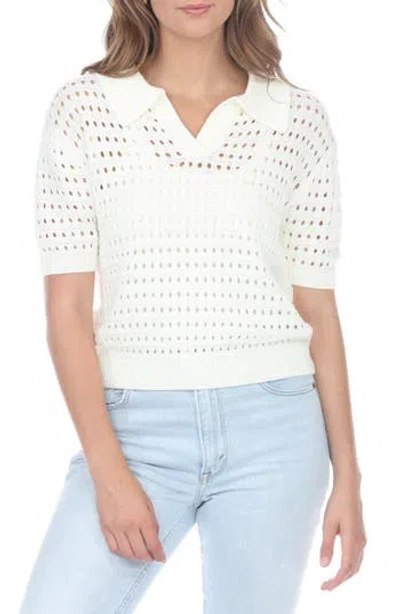Rain And Rose Open Stitch Sweater Polo In White