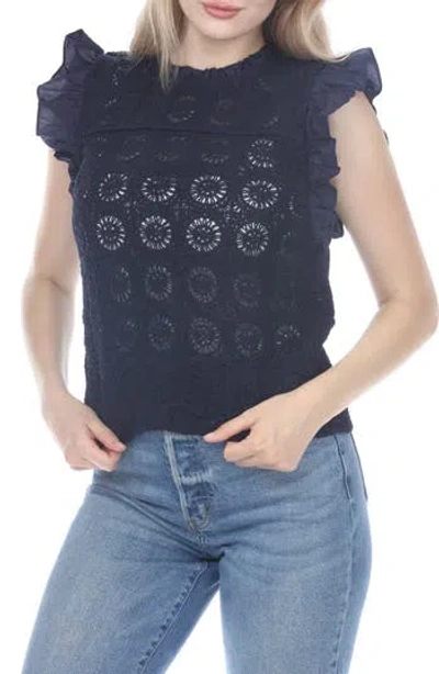Rain And Rose Openwork Cotton Top In Navy