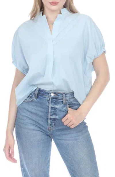 Rain And Rose Pleated V-neck Top In Blue