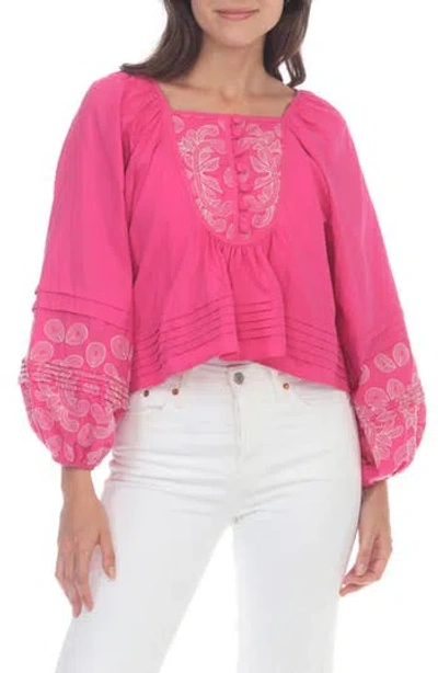 Rain And Rose Puff Sleeve Embroidered Top In Fuchsia