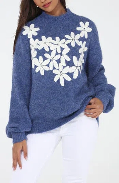 Rain And Rose Rhinestone Embellished Floral Turtleneck Sweater In Blue