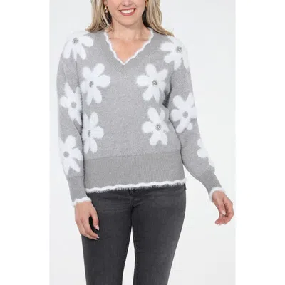 Rain And Rose Rhinestone Embellished V-neck Sweater In Gray